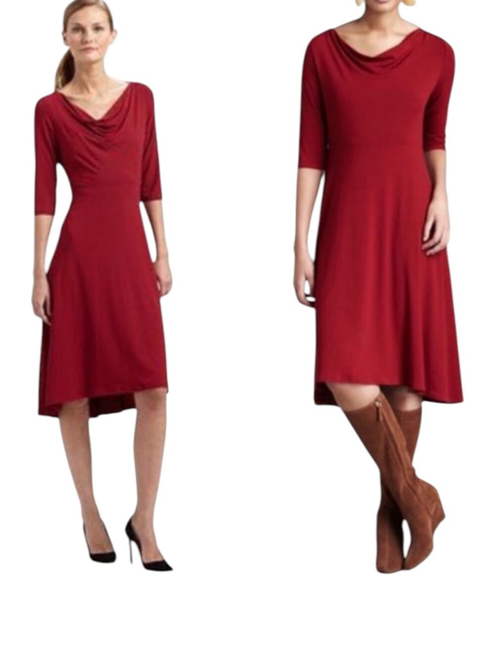 Eileen Fisher Wine Red Cowl-Neck Knit Pull On Quiet Luxury High-Low Dress Sz L